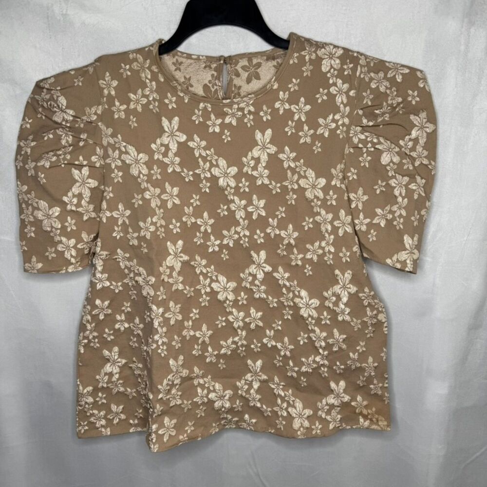 Womens Short Sleeve Floral Crewneck Loose Casual Blouse Shirts Tops Puff Sleeve